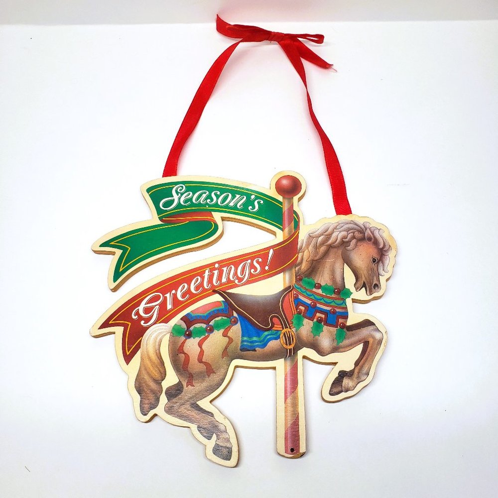 Vintage 1991 Dakin Wood Carousel Horse Christmas Ornament Season's Greeting Sign